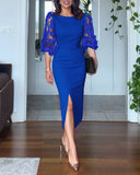 3D Polka Dot Appliques Mesh Lantern Sleeve Zipper Back Slit Work Dress Cinched Waist Slim Fit Mid Length Dress With Belt