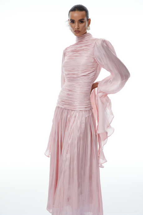 Aurohaya Sarolta Pink Glossy Ruched Maxi Dress