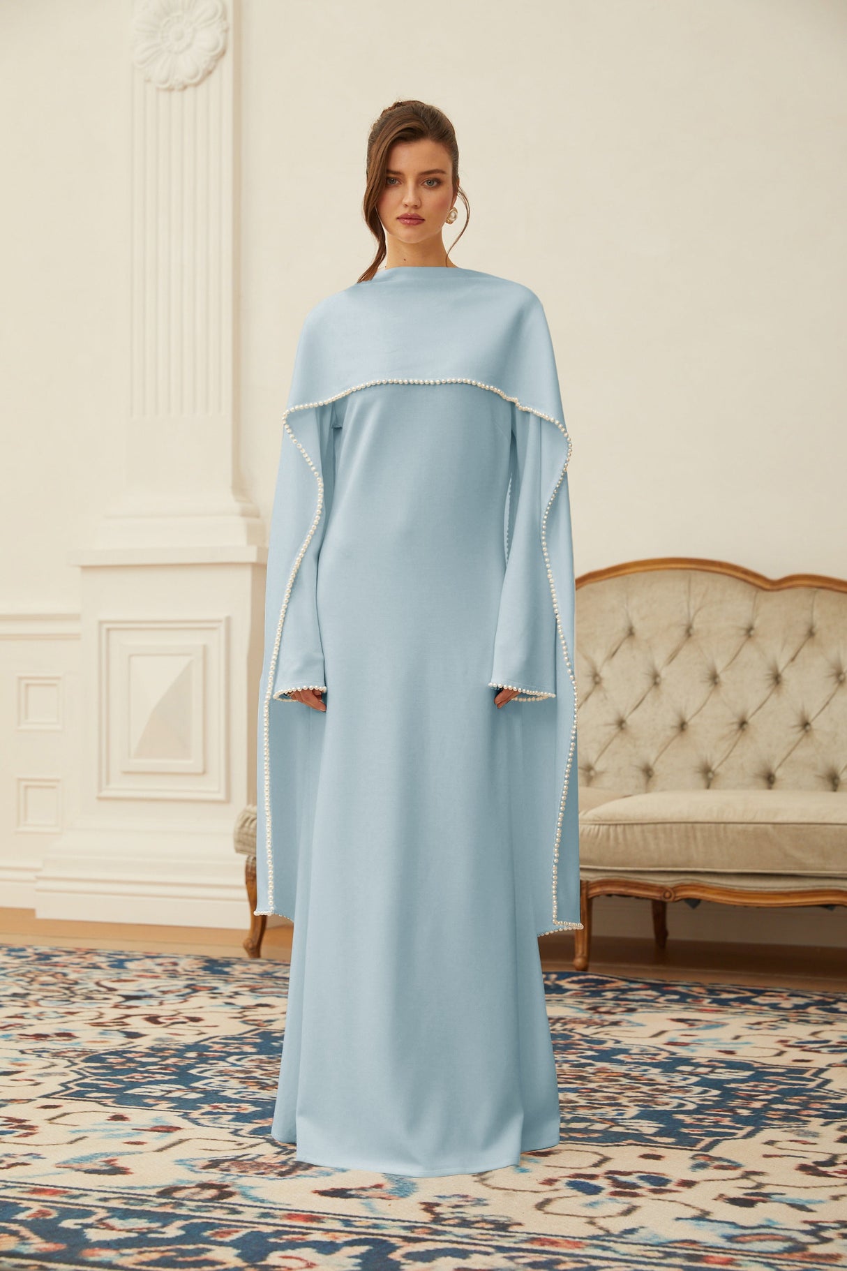 Aurohaya Piroska Blue Pearl Trim Shawl Detail Maxi Dress