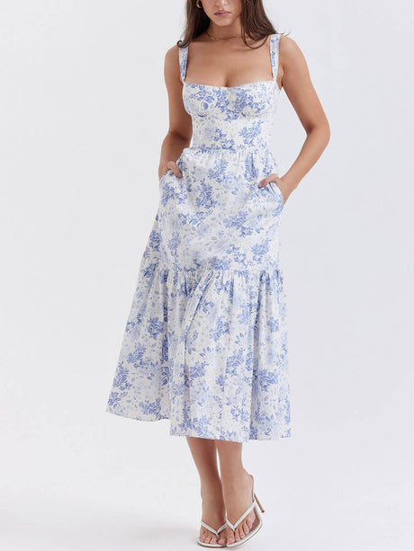 Aurohaya Strap A-Hem Floral Midi Dress Blue
