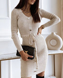 Button Decor V-Neck Long Sleeve Knit Bodycon Dress Drawstring Waist Ribbed Mini Dress