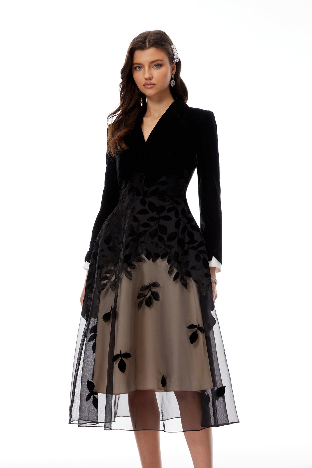 Aurohaya Brielle Black Leaf Embroidered Velvet Midi Dress