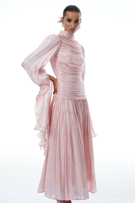 Aurohaya Sarolta Pink Glossy Ruched Maxi Dress