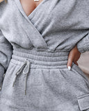 Overlap V Neck Drop Shoulder Cinched Waist Drawstring Hoodie Dress Casual Flap Cargo Pockets Design Drawstring Elastic Waist Midi Dress