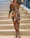 Vintage Baroque Deep V Neck Long Sleeve Slit Bodycon Dress Ruched Slim Fit Vacation Dress