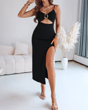 Metal Ring Decor V-Neck Adjustable Spaghetti Straps Bodycon Dress High Slit Hollow-out Evening Dress