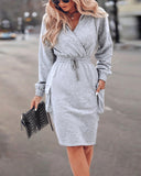 Overlap V Neck Drop Shoulder Cinched Waist Drawstring Hoodie Dress Casual Flap Cargo Pockets Design Drawstring Elastic Waist Midi Dress