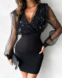 Glitter Sheer Mesh Spliced Overlap V-Neck Mesh Lantern Sleeve Mini Party Dress Ruched Zipper Back Slim Fit Evening Dress