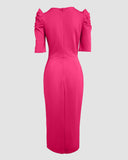 3D Flower Decor Round Neck Puff Sleeve Bodycon Dress Casual Ruched Slit Zipper Back Work Dress