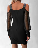 Glitter Cold Shoulder Sheer Mesh Patch Ruched Bodycon Mini Dress Sexy Rhinestone Party Dress