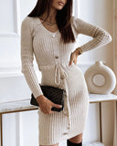Button Decor V-Neck Long Sleeve Knit Bodycon Dress Drawstring Waist Ribbed Mini Dress
