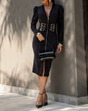 Deep V Neck Puff Sleeve Waist Multi Metal Buckle Decor Slit Dress Casual Zipper Front Commuting Dress