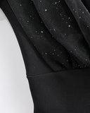 Glitter Sheer Mesh Spliced Overlap V-Neck Mesh Lantern Sleeve Mini Party Dress Ruched Zipper Back Slim Fit Evening Dress