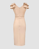 Bowknot Decor Deep V-Neck Sleeveless Slit Party Dress Ruched Zipper Back Slim Fit Midi Dress