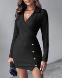 Polo V-Neck Long Sleeve Fleece Lined Bodycon Dress Slit Button Decor Ribbed Mini Dress