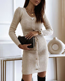 Button Decor V-Neck Long Sleeve Knit Bodycon Dress Drawstring Waist Ribbed Mini Dress