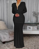 Cowl Neck Ruched Zipper Back Slim Fit Maxi Dress Casual Padded Shoulders Backless Evening Dress
