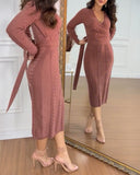 Cable Textured Overlap Deep V Neck Long Sleeve Mid Length Dress Tie Waist Slim Fit Knit Dress