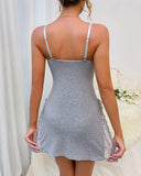 Lace Trim Adjustable Straps Side Slit Bowknot Decor Modal Cami Sleep Dress