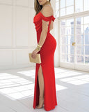 Cold Shoulder Pearls Strap Cowl Neck Evening Bodycon Dress Elegant High Slit Fishtail Maxi Dress