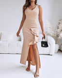 Deep V-Neck Thick Strap Side Ruffled Slit Evening Dress Cinched Waist Zipper Back Slim Fit Maxi Dress