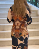 Vintage Baroque Deep V Neck Long Sleeve Slit Bodycon Dress Ruched Slim Fit Vacation Dress