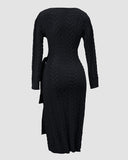 Cable Textured Overlap Deep V Neck Long Sleeve Mid Length Dress Tie Waist Slim Fit Knit Dress