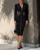 Deep V Neck Puff Sleeve Waist Multi Metal Buckle Decor Slit Dress Casual Zipper Front Commuting Dress
