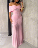 Foldover Off Shoulder Ruched Cinched Waist Minimalist Evening Dress Slim Fit Mermaid Hem Party Dress