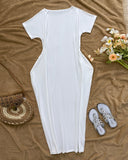 Heart Pattern Cold Shoulder Short Sleeve Maxi Dress Casual Pocket Design Loose Fit Dress