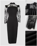 High Neck Long Sleeve Lace Pattern Mesh Patchwork Chic Zipper Mid-Calf Dress