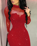 Glitter Long Sleeve Mock Neck Sheer Mesh Patch Bodycon Dress Night Out Party Mini Dress