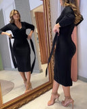 Cable Textured Overlap Deep V Neck Long Sleeve Mid Length Dress Tie Waist Slim Fit Knit Dress