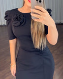 3D Flower Decor Round Neck Puff Sleeve Bodycon Dress Casual Ruched Slit Zipper Back Work Dress