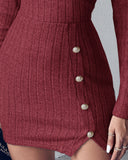 Polo V-Neck Long Sleeve Fleece Lined Bodycon Dress Slit Button Decor Ribbed Mini Dress