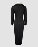 Pearls Button Decor Contrast Paneled Turn-down Collar Slit Front Dress Zipper Side Flap Detail Slim Fit Commuting Dress