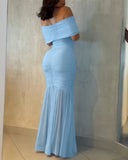 Foldover Off Shoulder Ruched Cinched Waist Minimalist Evening Dress Slim Fit Mermaid Hem Party Dress