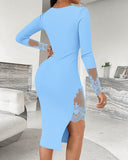 Square Neck Long Sleeve Eyelash Lace Spliced Slit Evening Dress Zipper Back Asymmetrical Hem Slim Fit Dress