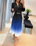 Ombre Plunge Pleated Midi Dress With Chain Decor Belt