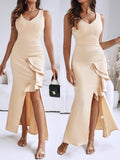 Deep V-Neck Thick Strap Side Ruffled Slit Evening Dress Cinched Waist Zipper Back Slim Fit Maxi Dress