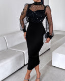 Mock Neck Sheer Mesh Spliced Beaded Bodycon Dress Zipper Back Slit Party Dress