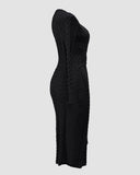 Cable Textured Overlap Deep V Neck Long Sleeve Mid Length Dress Tie Waist Slim Fit Knit Dress
