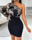 Floral Pattern Contrast Sequin One Shoulder Bodycon Dress