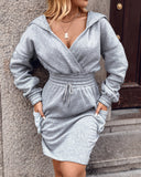 Overlap V Neck Drop Shoulder Cinched Waist Drawstring Hoodie Dress Casual Flap Cargo Pockets Design Drawstring Elastic Waist Midi Dress