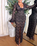 Elegant Lace Plunge V Neckline Long Sleeve Dress Casual Slim Fit Slit Evening Maxi Dress
