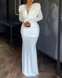 Cowl Neck Ruched Zipper Back Slim Fit Maxi Dress Casual Padded Shoulders Backless Evening Dress