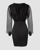 Glitter Sheer Mesh Spliced Overlap V-Neck Mesh Lantern Sleeve Mini Party Dress Ruched Zipper Back Slim Fit Evening Dress
