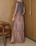 Ombre & Plants Print V-Neck Three Quarters Sleeve Side Slit Vacation Dress