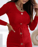 Button Decor V-Neck Long Sleeve Knit Bodycon Dress Drawstring Waist Ribbed Mini Dress