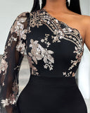 Floral Pattern Contrast Sequin One Shoulder Bodycon Dress